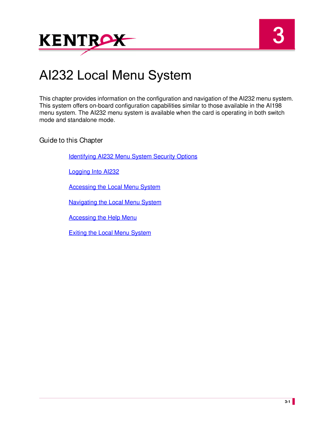 Kentrox manual AI232 Local Menu System 