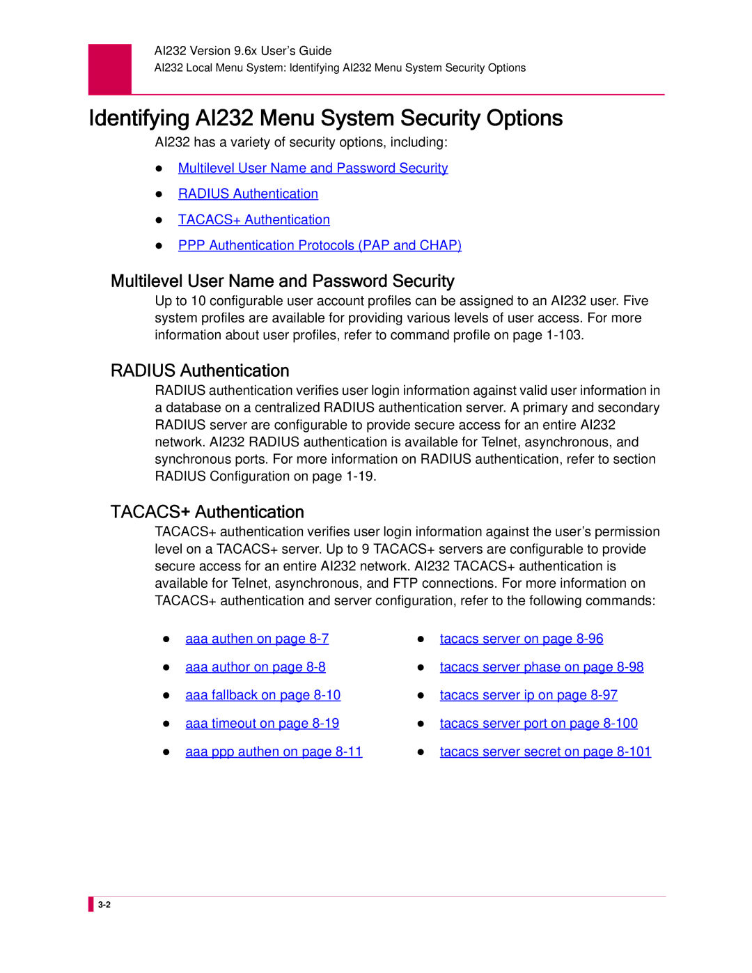 Kentrox manual Identifying AI232 Menu System Security Options, Multilevel User Name and Password Security 