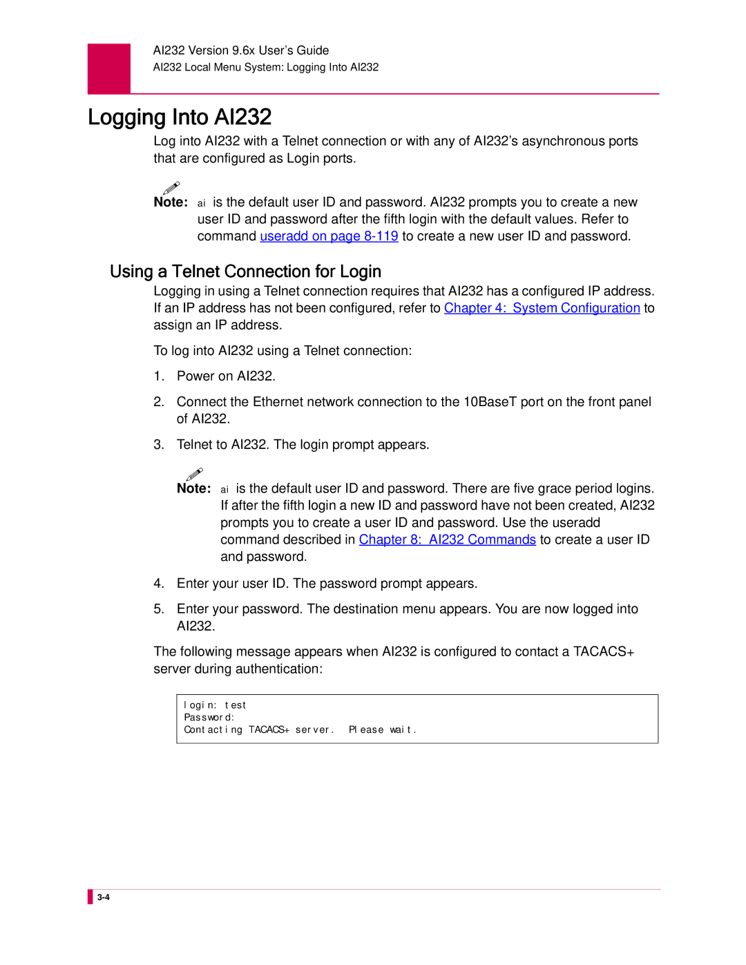 Kentrox manual Logging Into AI232, Using a Telnet Connection for Login 