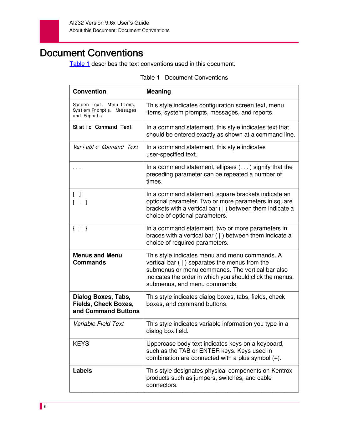 Kentrox AI232 manual Document Conventions 