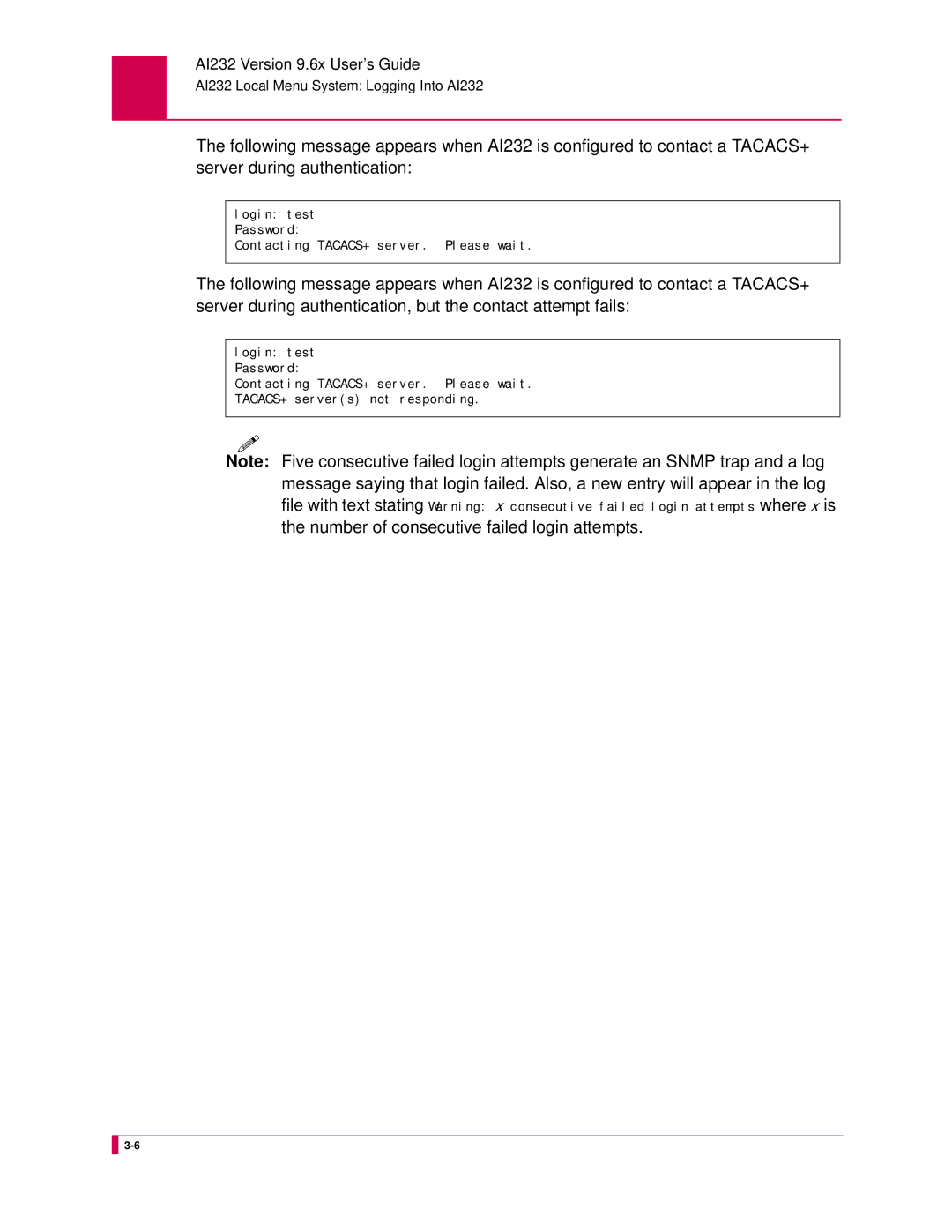 Kentrox AI232 manual Number of consecutive failed login attempts 