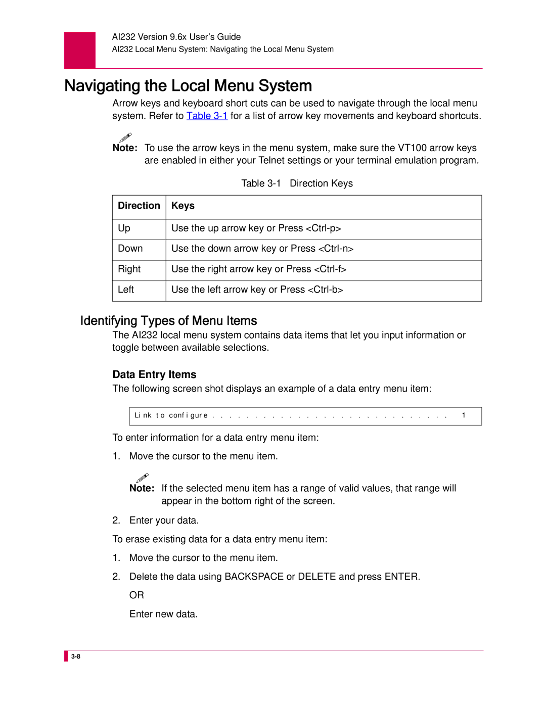 Kentrox AI232 manual Navigating the Local Menu System, Identifying Types of Menu Items, Data Entry Items, Direction Keys 