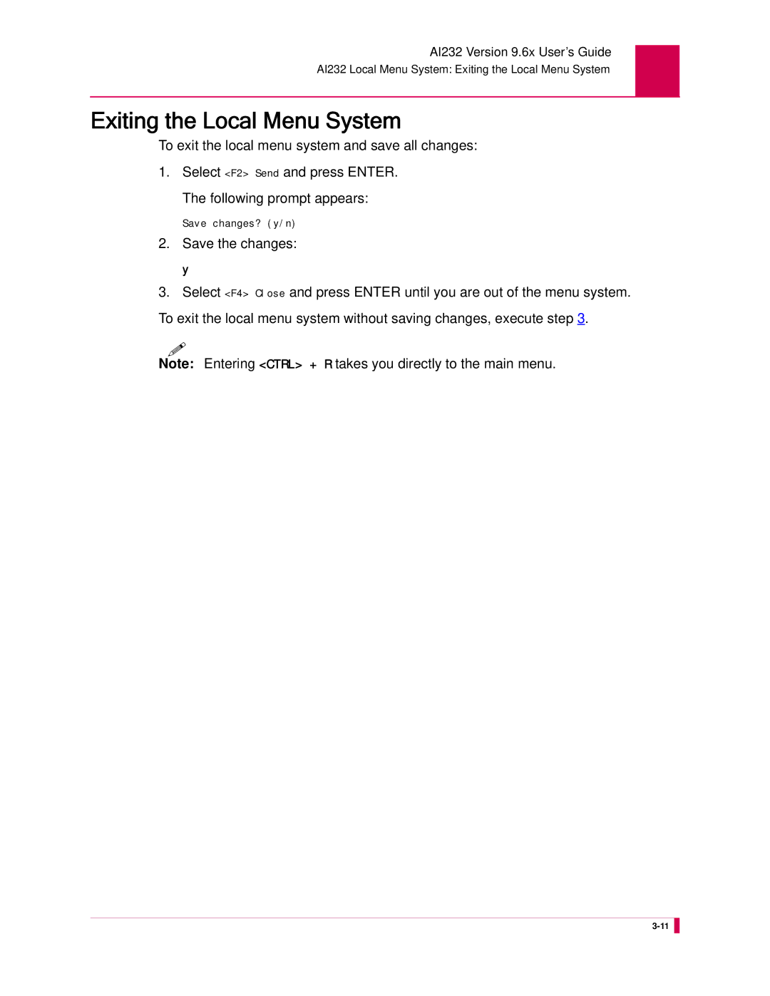 Kentrox AI232 manual Exiting the Local Menu System, Save the changes 