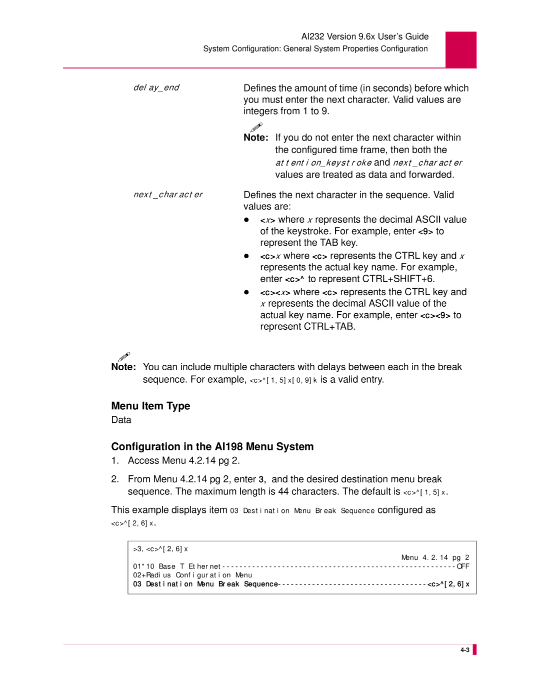 Kentrox AI232 manual Menu Item Type, Configuration in the AI198 Menu System 