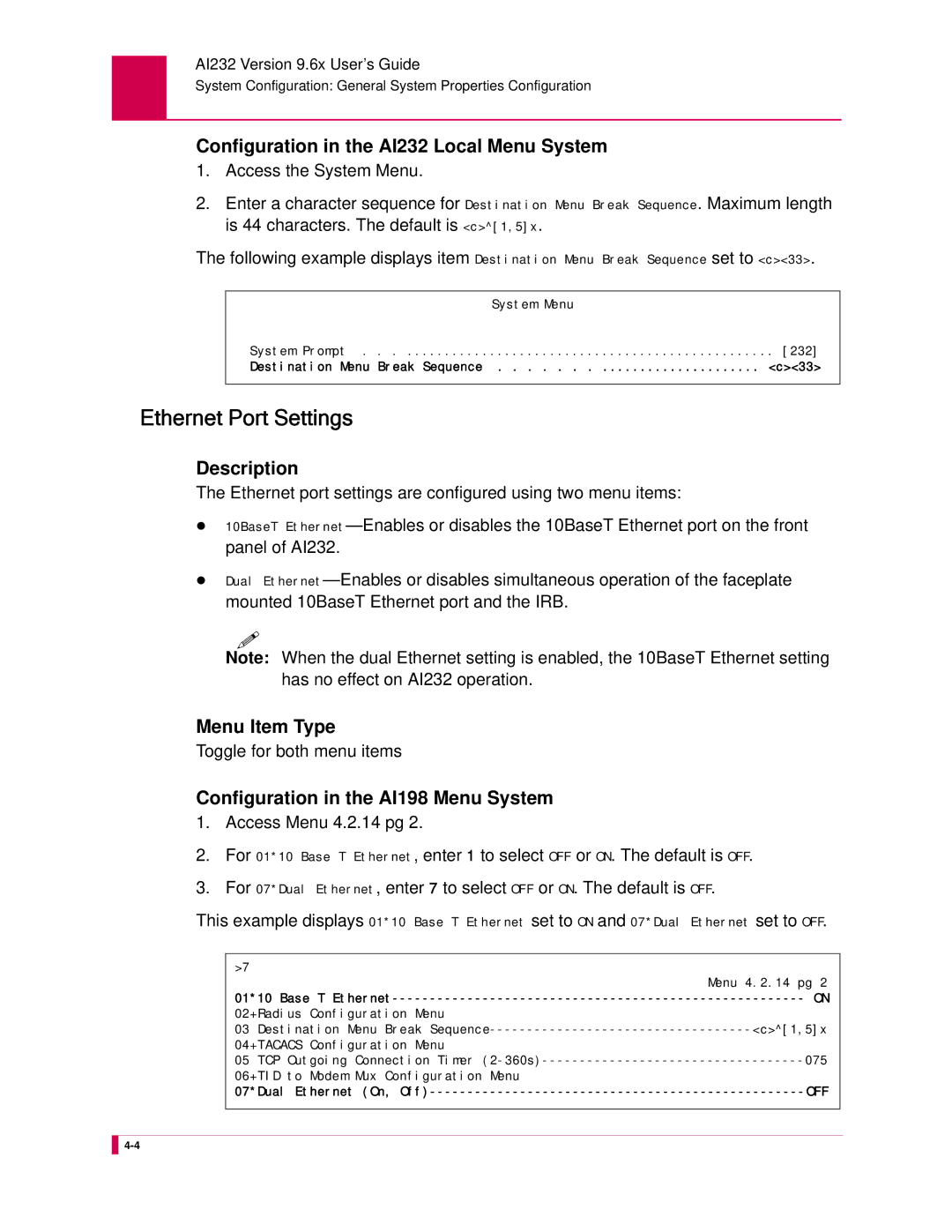 Kentrox manual Ethernet Port Settings, Configuration in the AI232 Local Menu System, Toggle for both menu items 