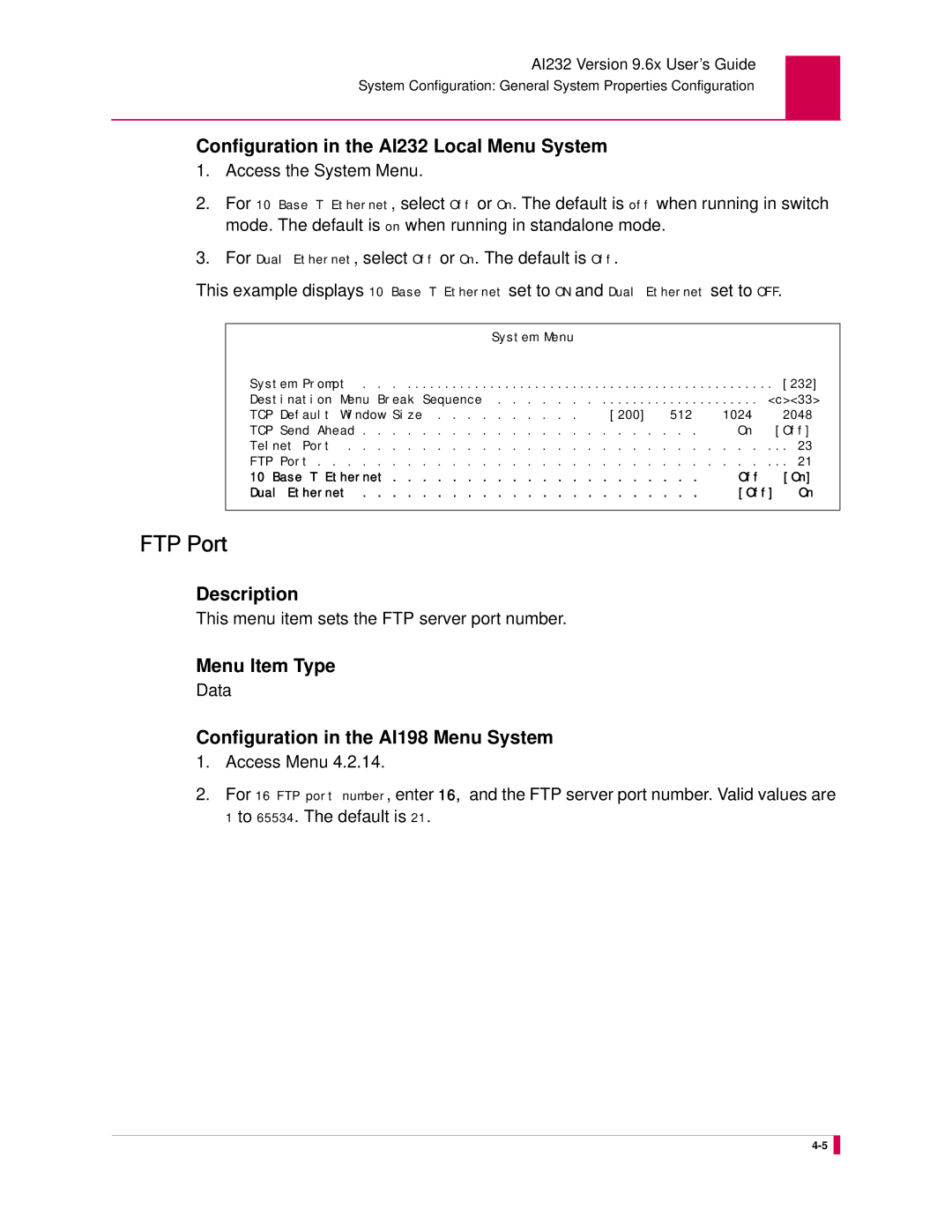 Kentrox AI232 manual FTP Port, This menu item sets the FTP server port number 