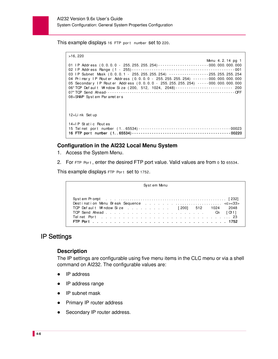 Kentrox AI232 manual IP Settings, This example displays 16 FTP port number set to 