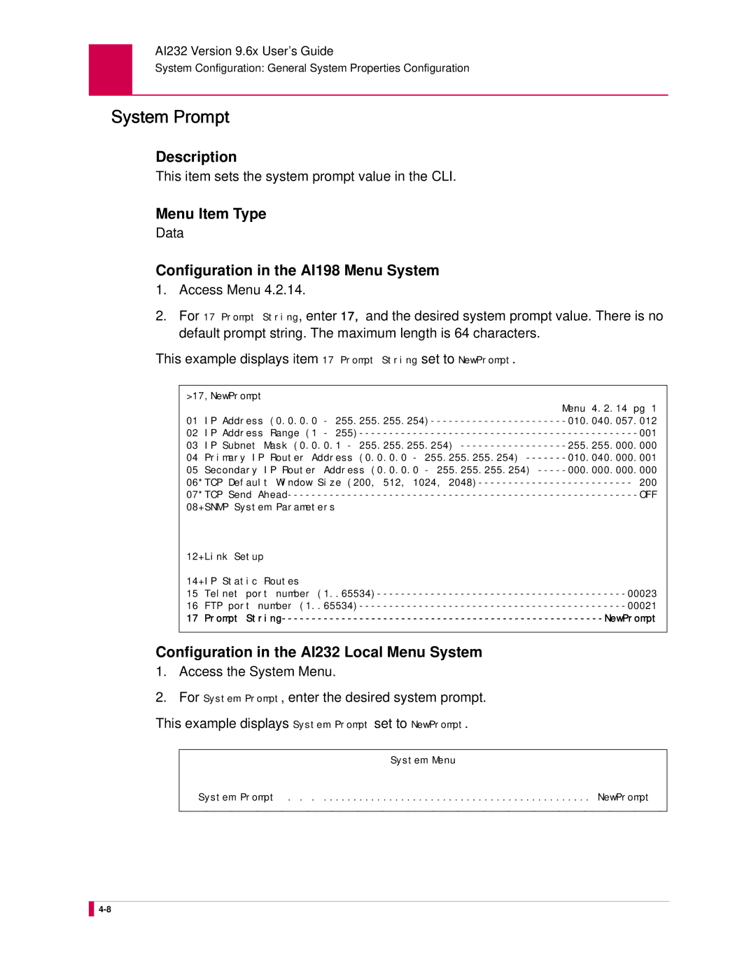 Kentrox AI232 manual System Prompt, This item sets the system prompt value in the CLI, Access the System Menu 