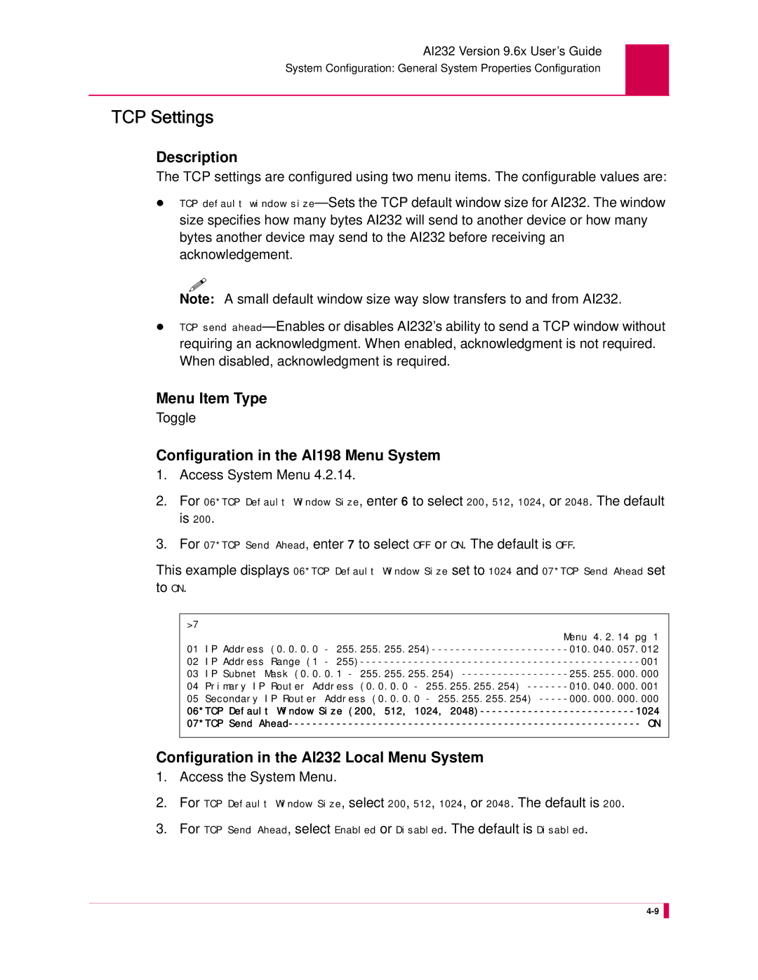 Kentrox AI232 manual TCP Settings, Toggle, To on 