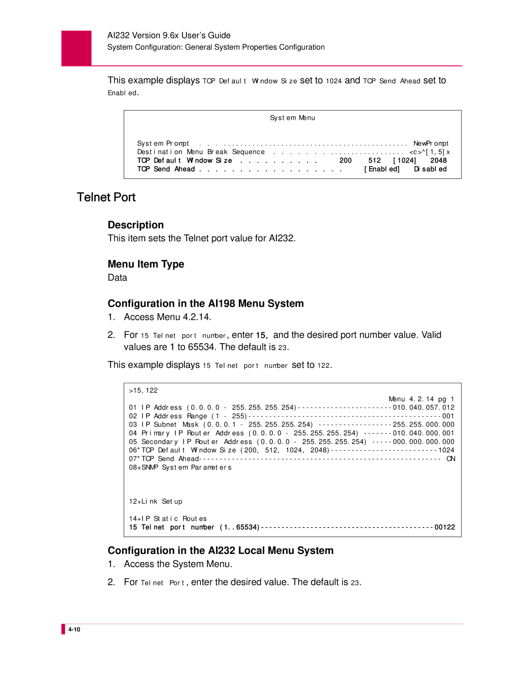 Kentrox manual Telnet Port, This item sets the Telnet port value for AI232 