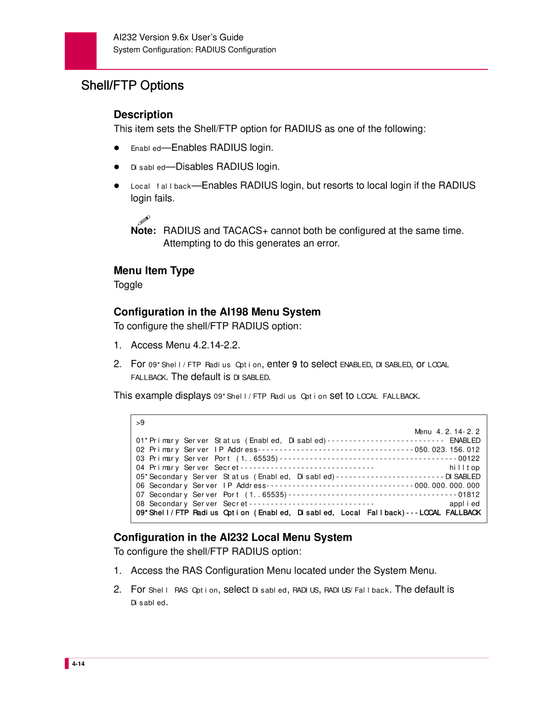 Kentrox AI232 Shell/FTP Options, To configure the shell/FTP Radius option Access Menu, FALLBACK. The default is Disabled 