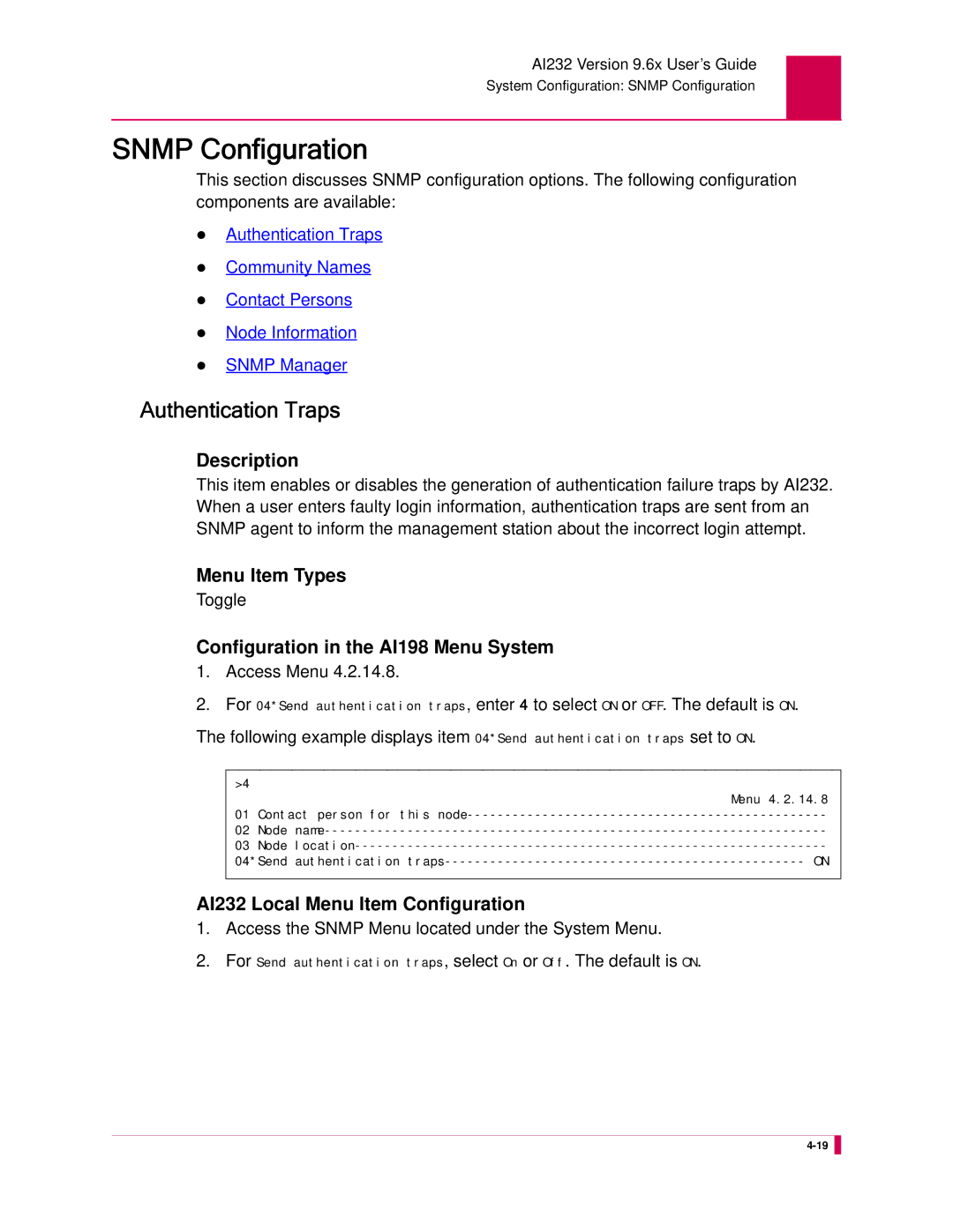 Kentrox manual Snmp Configuration, Authentication Traps, AI232 Local Menu Item Configuration 