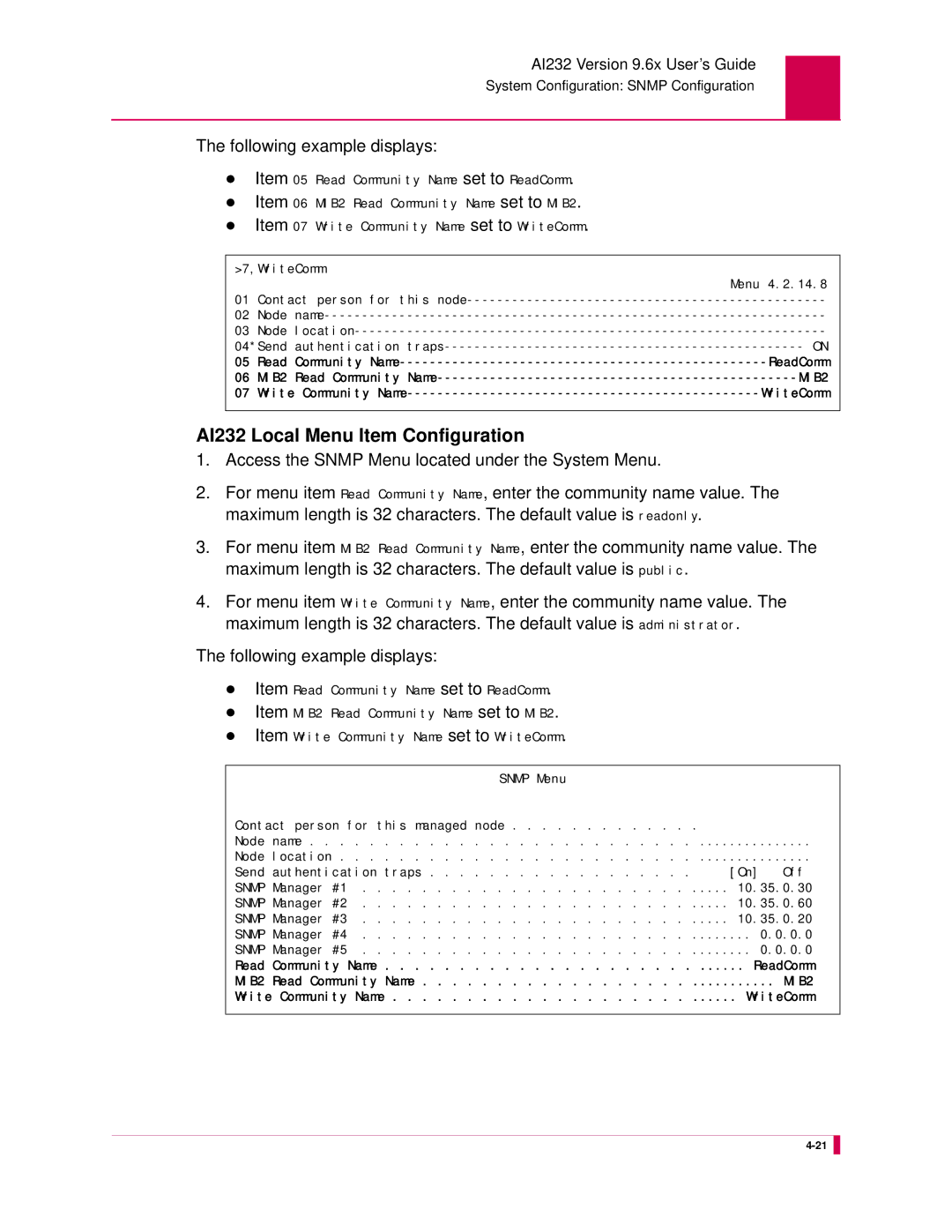 Kentrox AI232 manual Following example displays, WriteComm Menu 