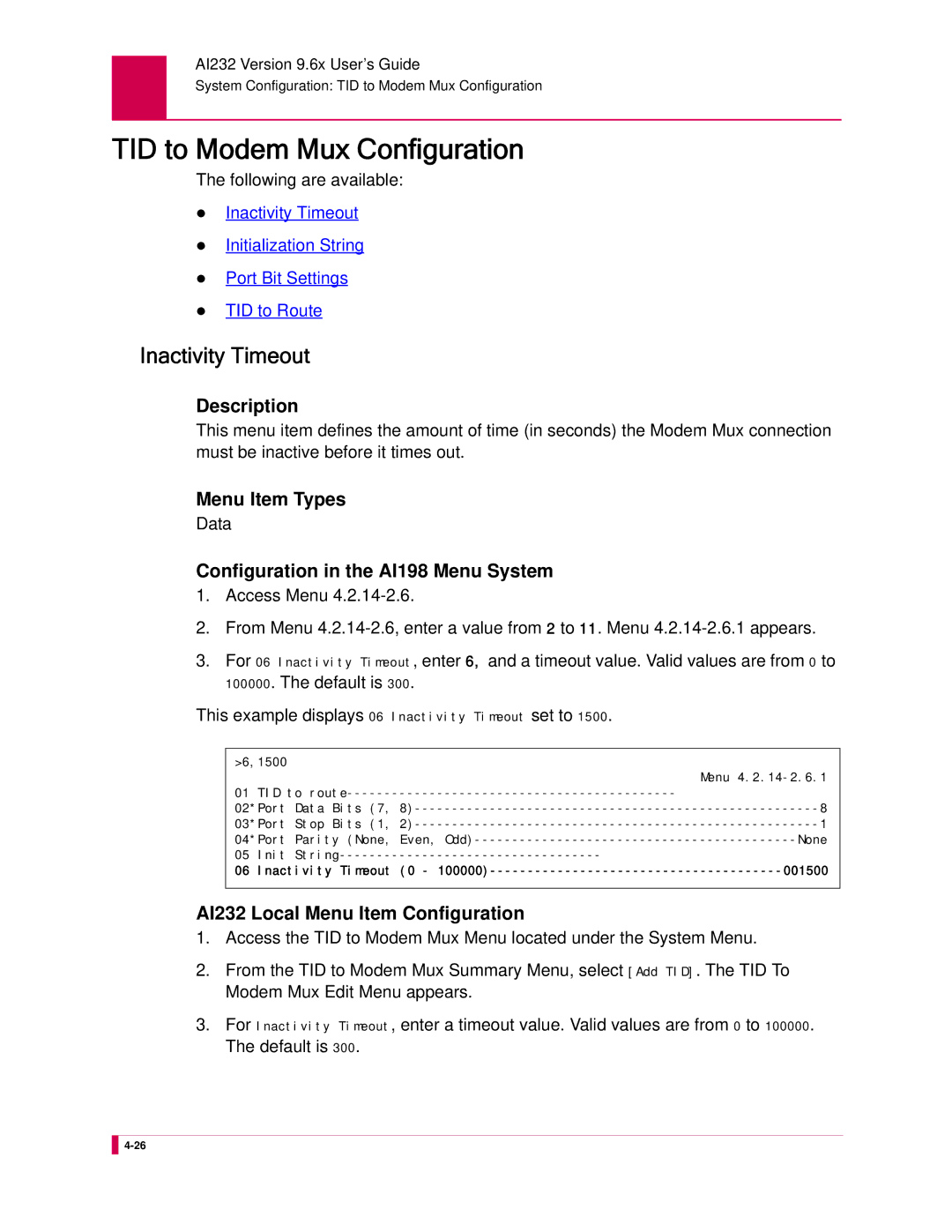 Kentrox AI232 manual TID to Modem Mux Configuration, Inactivity Timeout, Following are available 