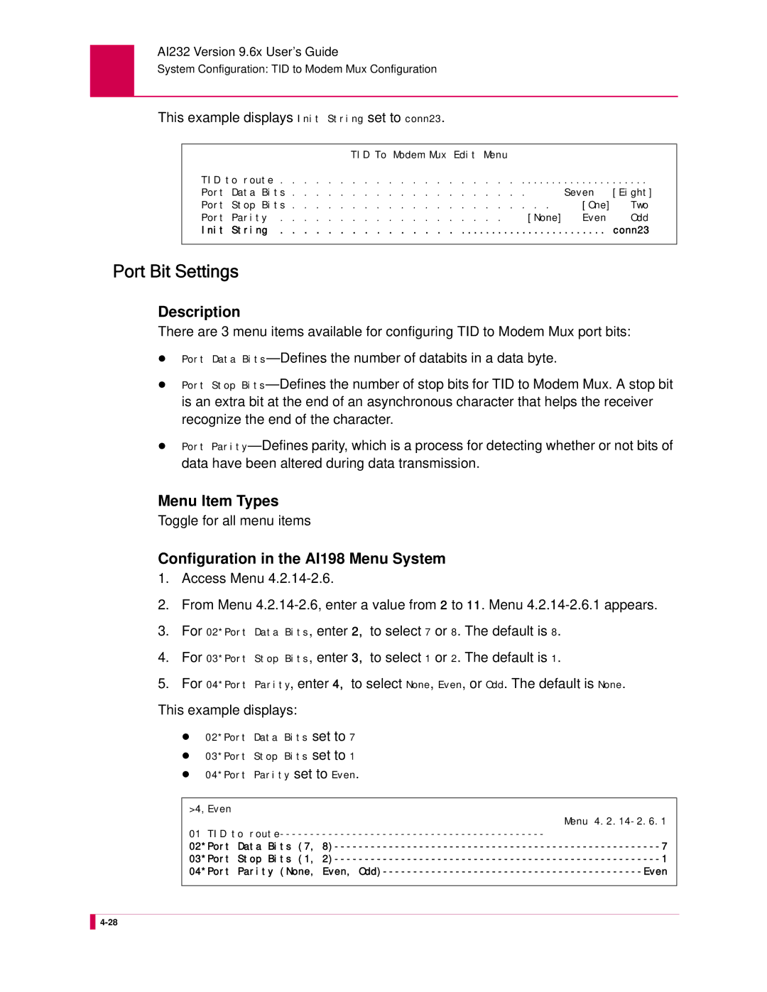 Kentrox AI232 manual Port Bit Settings, This example displays Init String set to conn23, Toggle for all menu items 