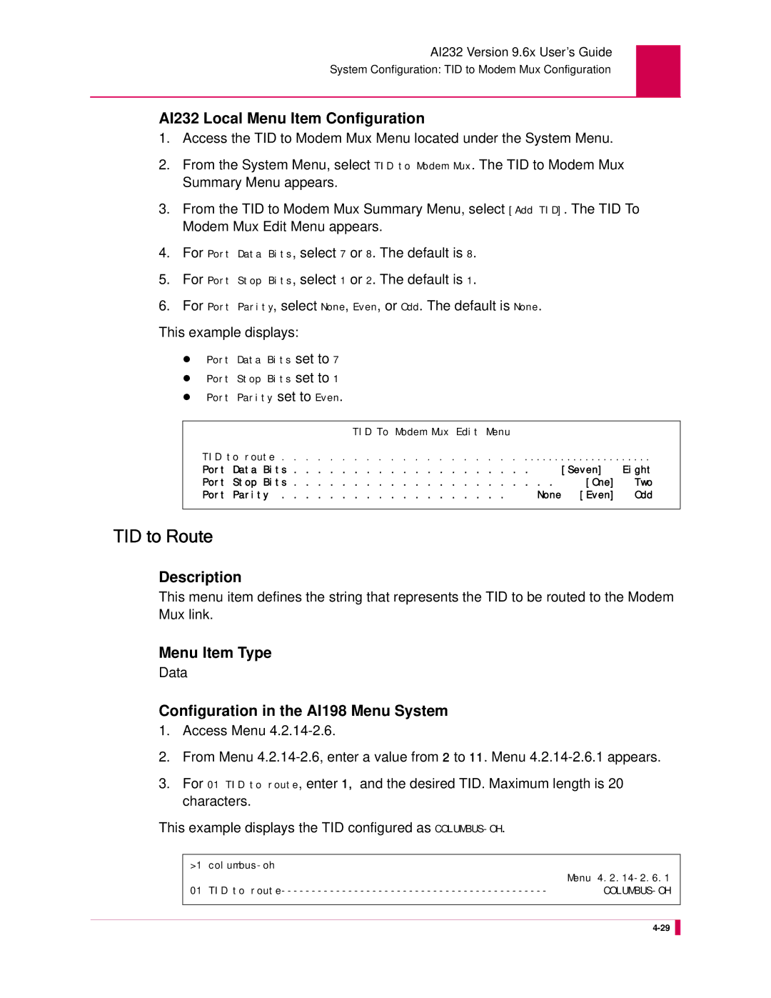 Kentrox AI232 manual TID to Route, Menu Item Type 