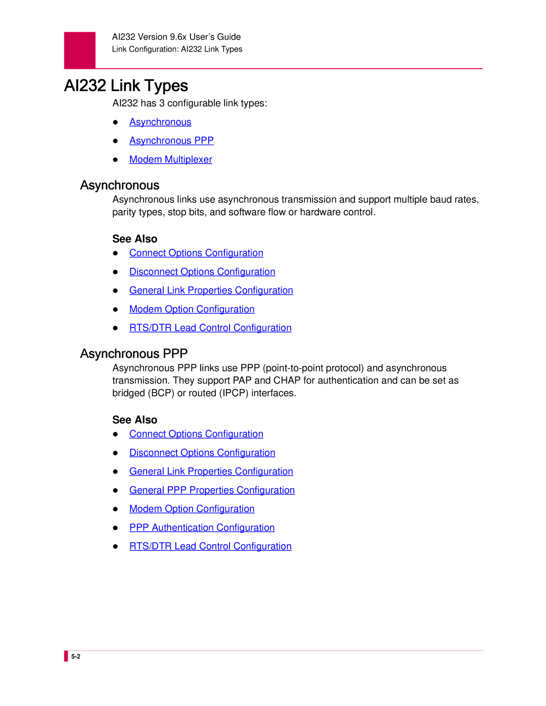 Kentrox manual AI232 Link Types, Asynchronous PPP, See Also, AI232 has 3 configurable link types 