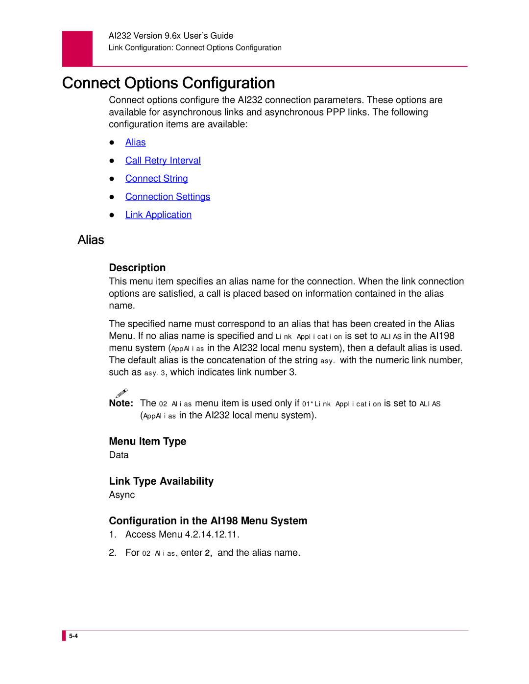 Kentrox AI232 manual Connect Options Configuration, Alias, Link Type Availability, Async 