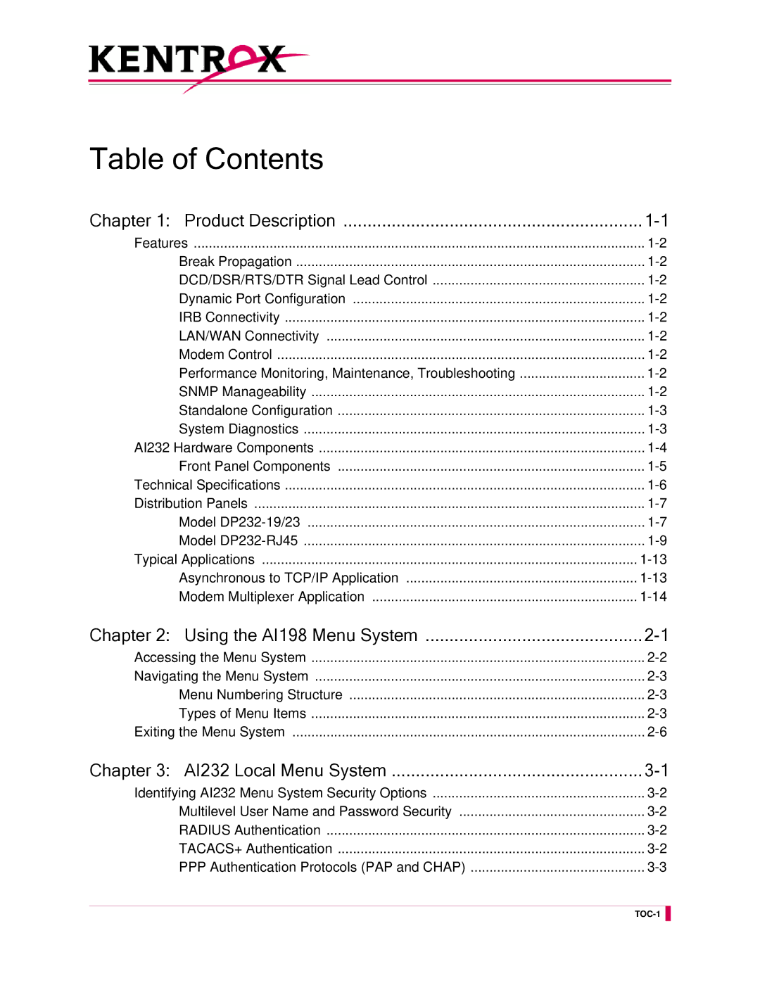 Kentrox AI232 manual Table of Contents 