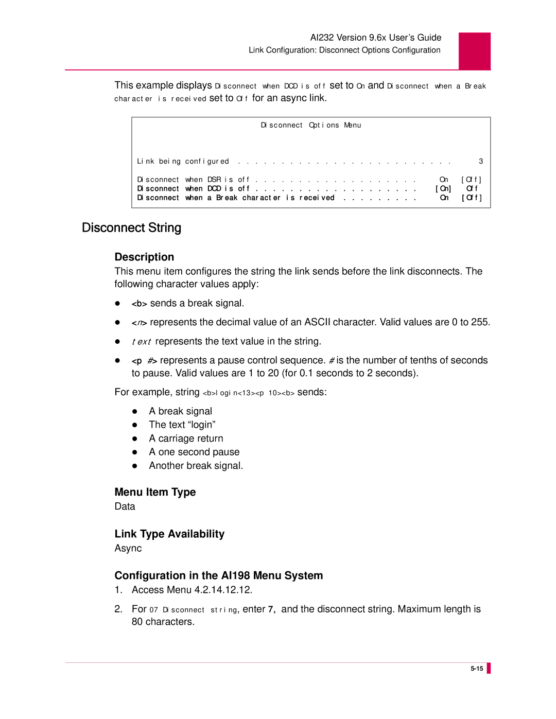 Kentrox AI232 manual Disconnect String, Data 