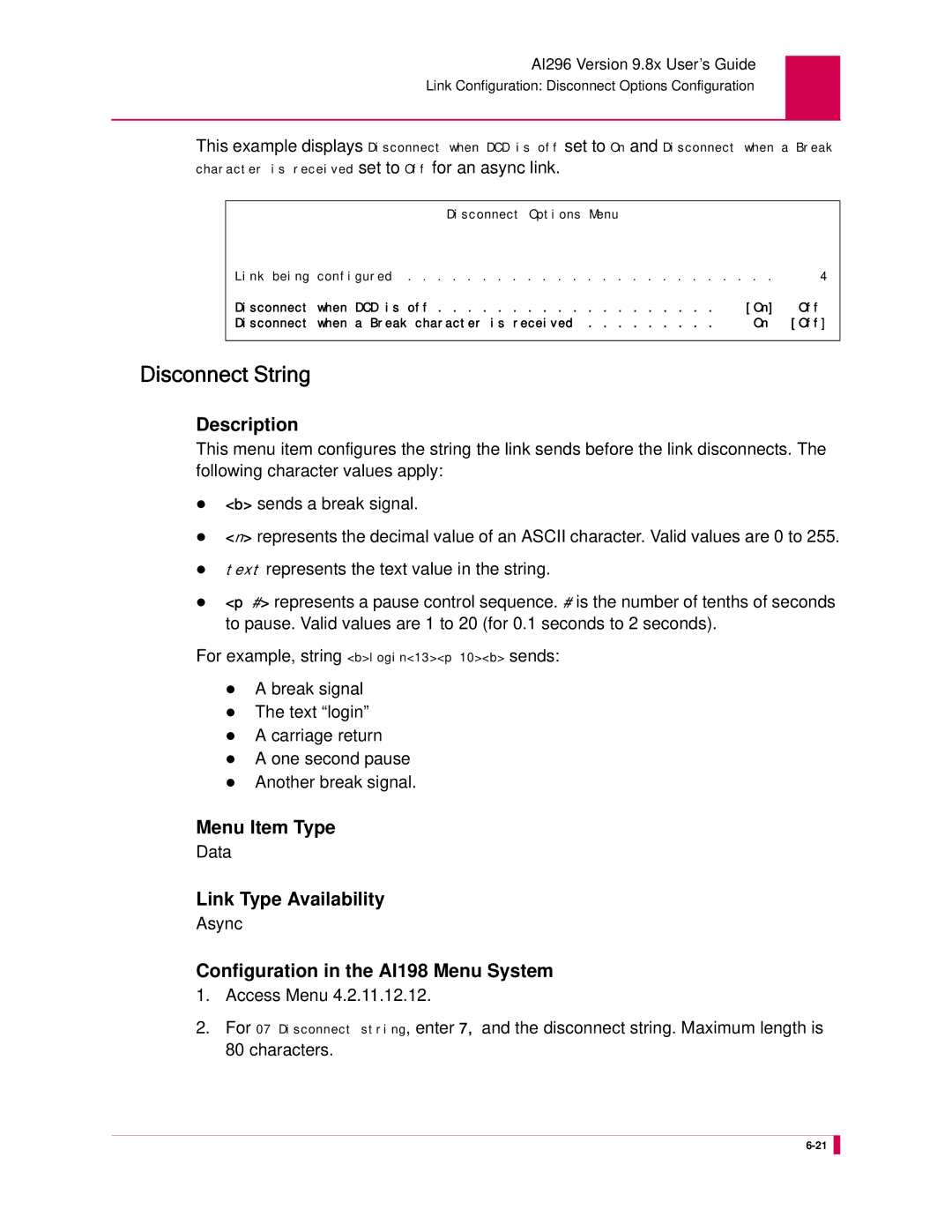 Kentrox AI296 manual Disconnect String, Data 