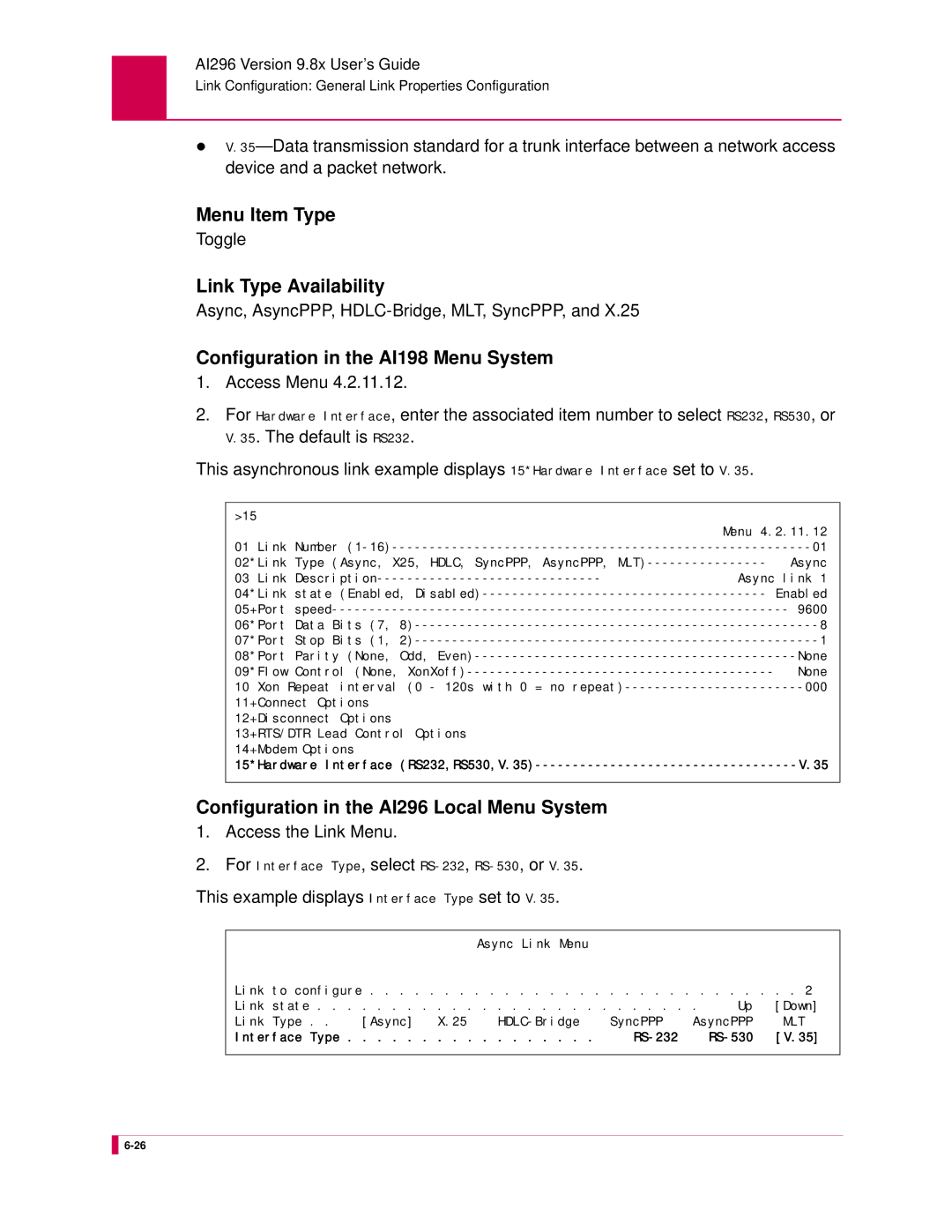 Kentrox AI296 manual Async, AsyncPPP, HDLC-Bridge, MLT, SyncPPP, This example displays Interface Type set to 