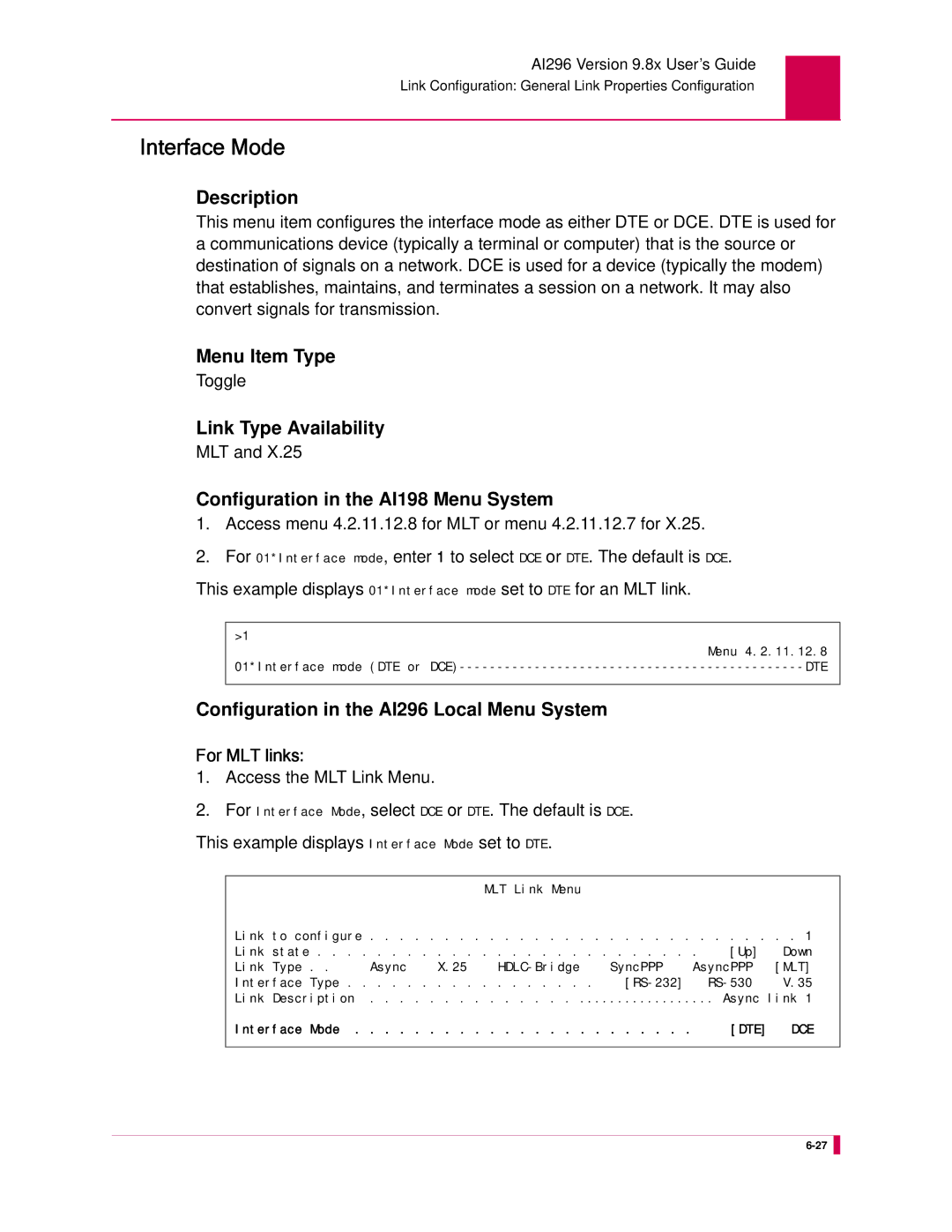 Kentrox AI296 manual Interface Mode, Mlt, Access menu 4.2.11.12.8 for MLT or menu 4.2.11.12.7 for 