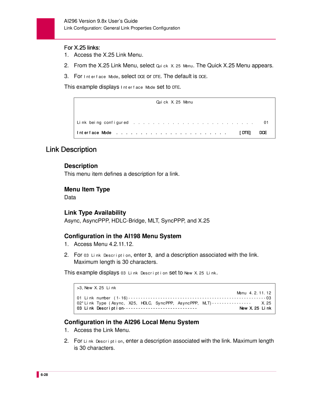 Kentrox AI296 manual Link Description, This menu item defines a description for a link 