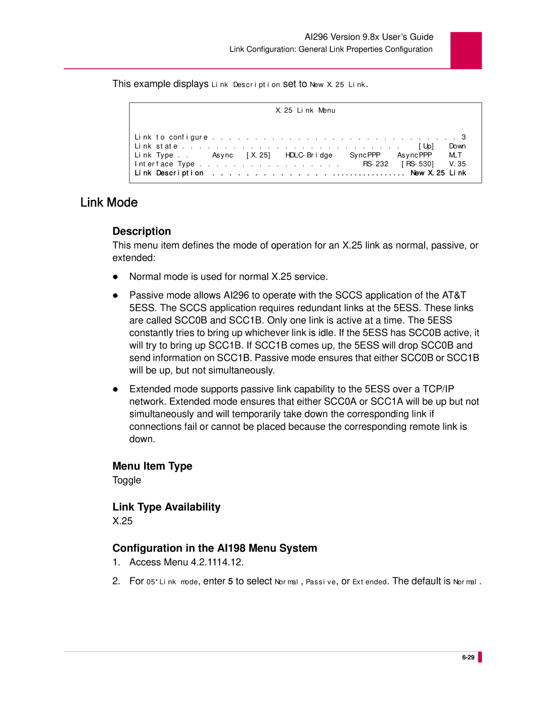 Kentrox AI296 manual Link Mode, This example displays Link Description set to New X.25 Link 