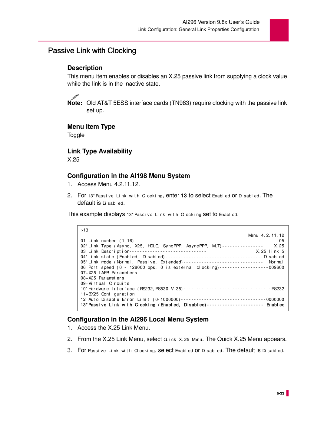 Kentrox AI296 manual Passive Link with Clocking, Default is Disabled 