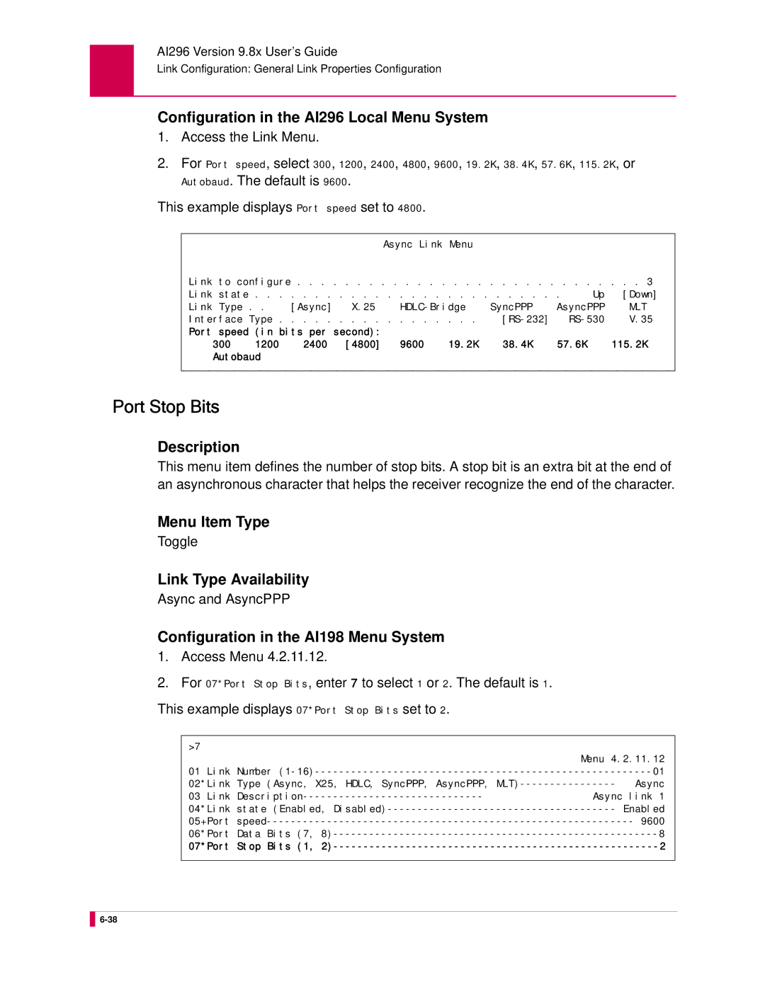 Kentrox manual Port Stop Bits, Configuration in the AI296 Local Menu System 