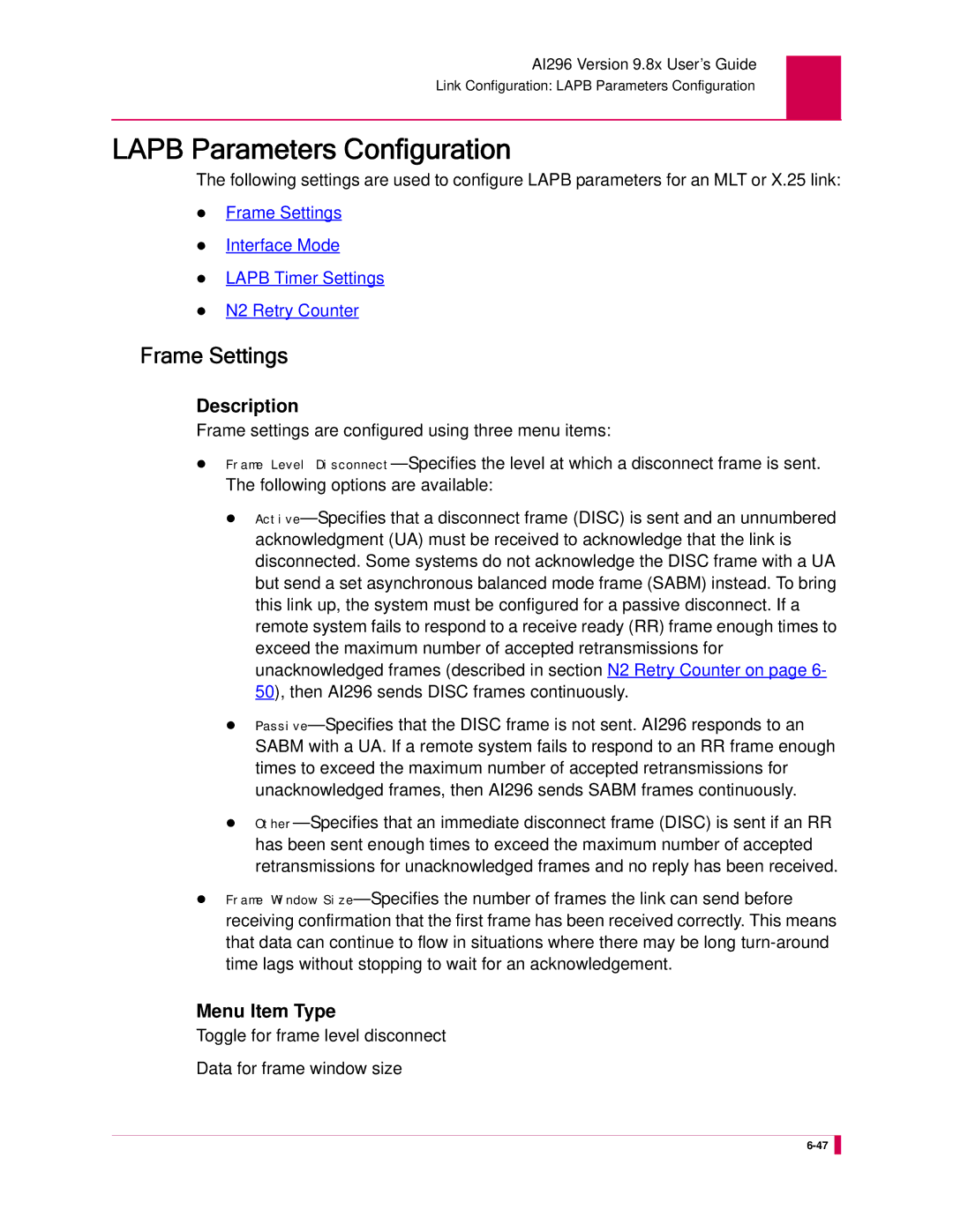 Kentrox AI296 manual Lapb Parameters Configuration, Frame Settings 