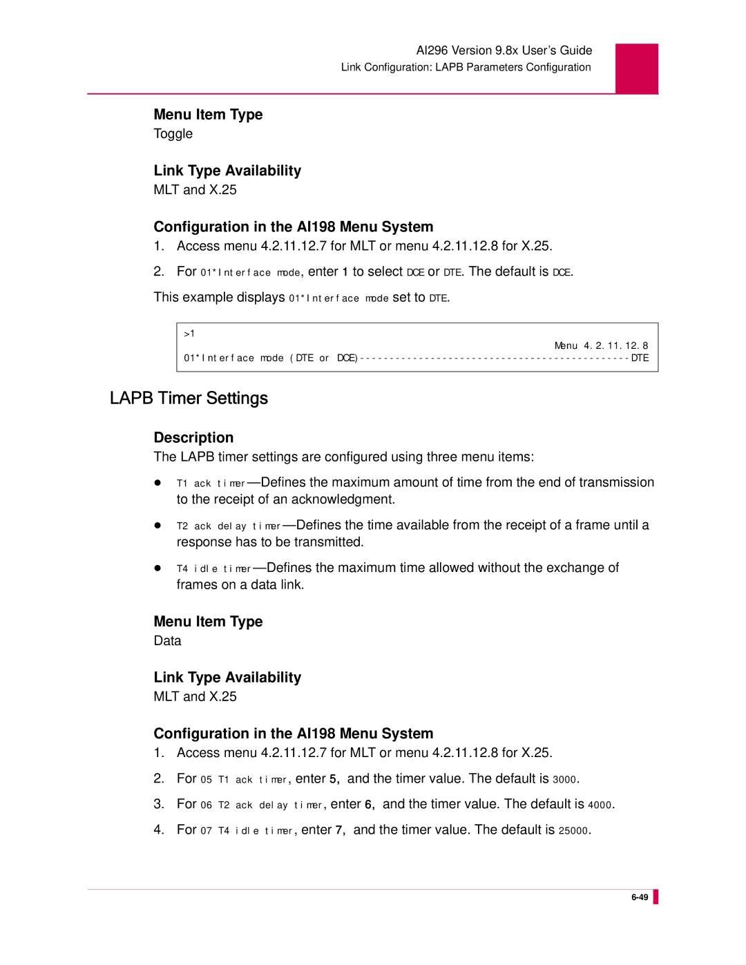 Kentrox AI296 manual Lapb Timer Settings, Toggle 