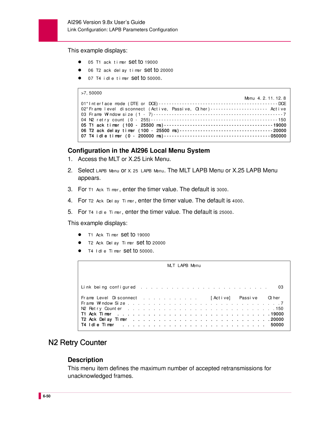 Kentrox AI296 manual N2 Retry Counter, This example displays 