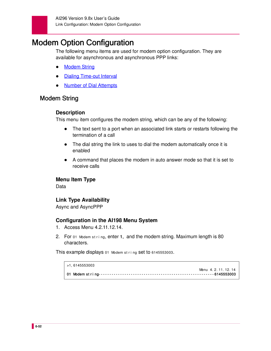 Kentrox AI296 manual Modem Option Configuration, Modem String 