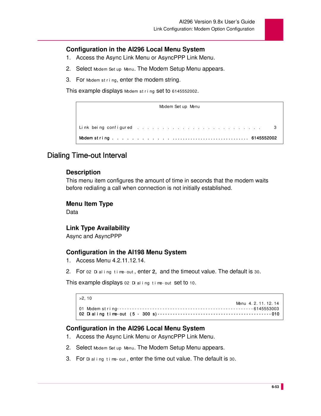 Kentrox AI296 manual Dialing Time-out Interval 