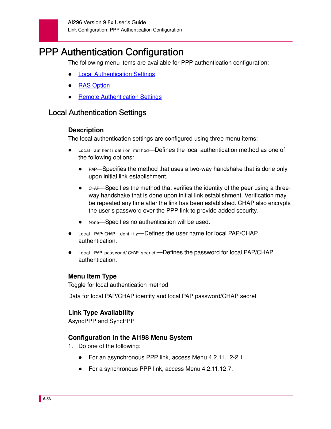 Kentrox AI296 manual PPP Authentication Configuration, Local Authentication Settings 