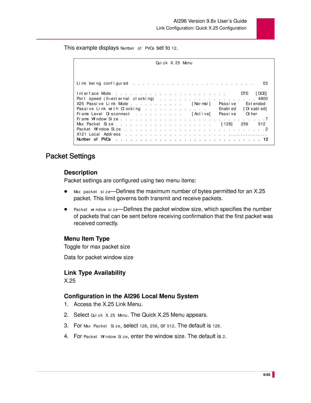 Kentrox AI296 manual Packet Settings, This example displays Number of PVCs set to 