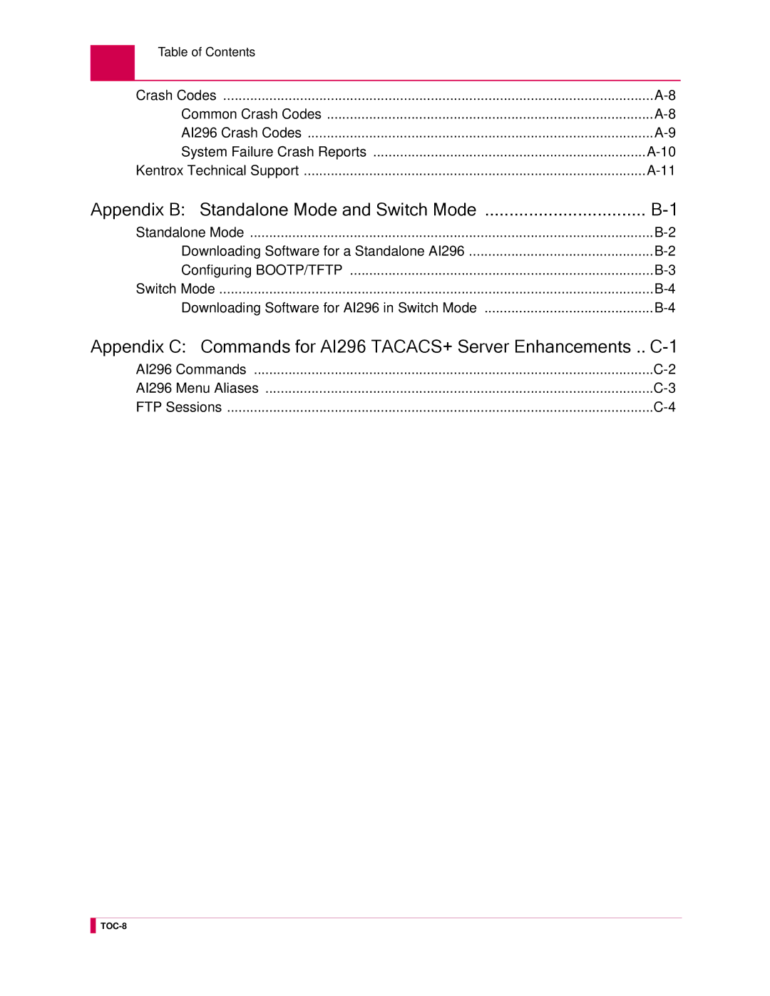 Kentrox manual Appendix B Standalone Mode and Switch Mode, AI296 Commands AI296 Menu Aliases FTP Sessions 