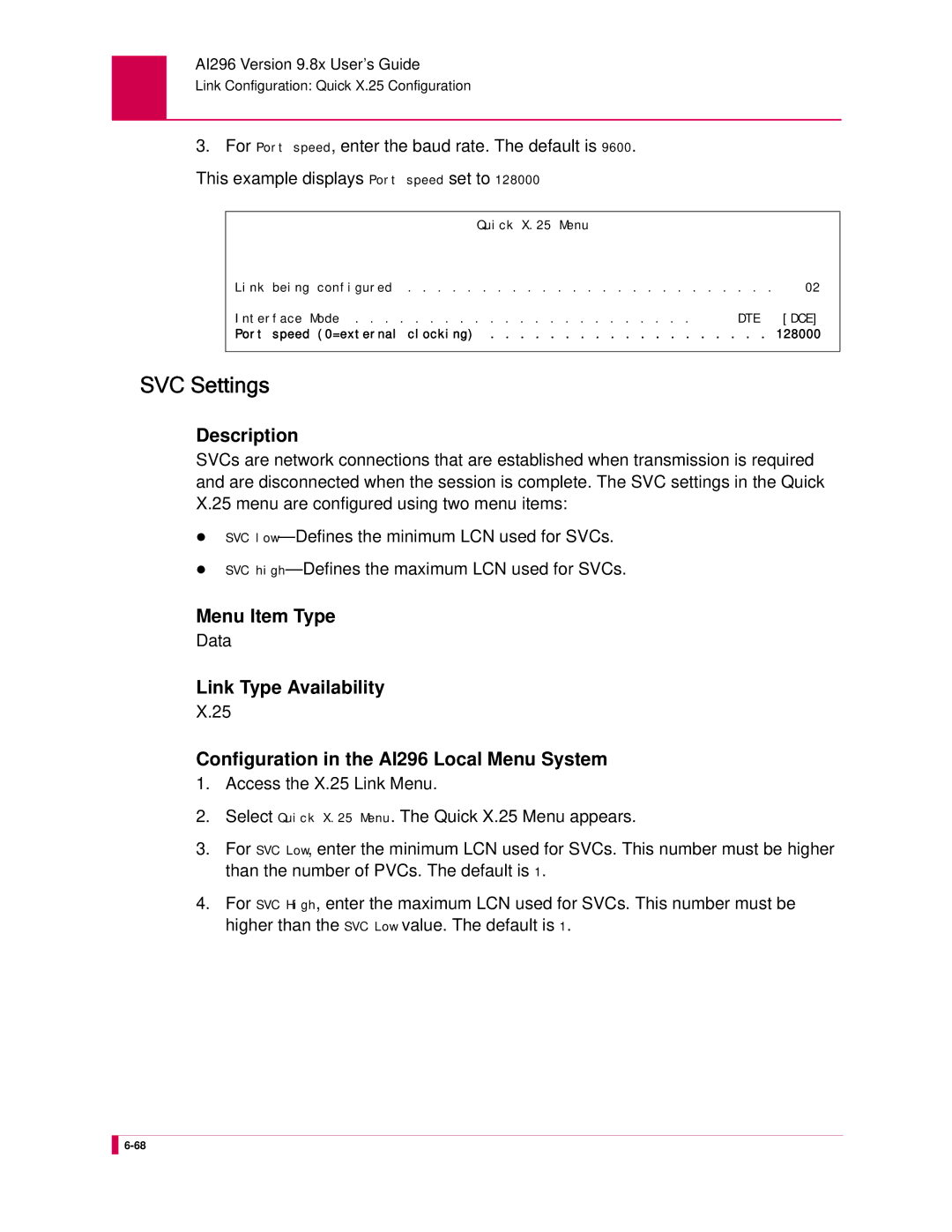 Kentrox AI296 manual SVC Settings 