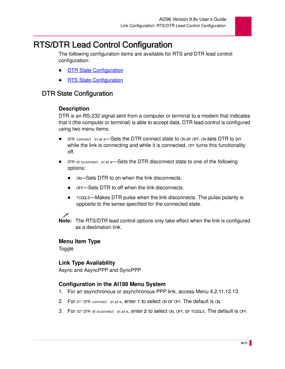 Kentrox AI296 manual RTS/DTR Lead Control Configuration, DTR State Configuration, Async and AsyncPPP and SyncPPP 