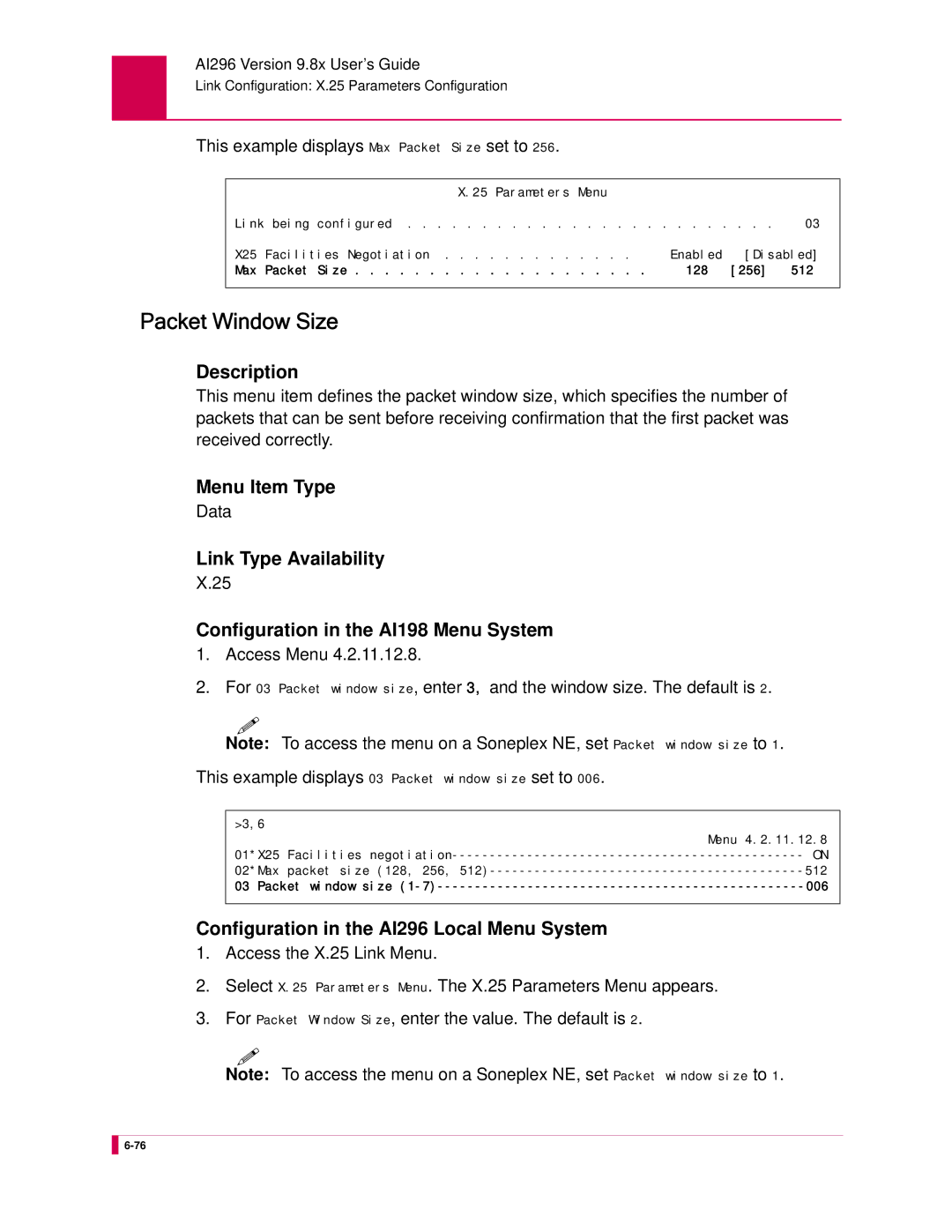 Kentrox AI296 manual Packet Window Size, This example displays Max Packet Size set to 