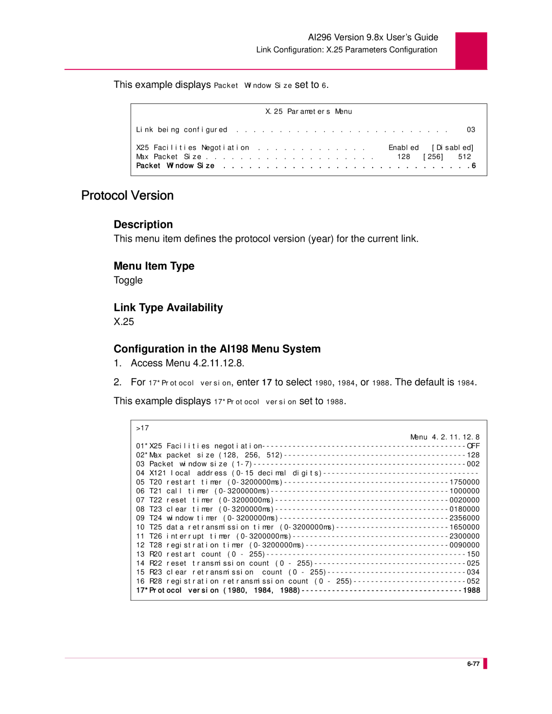 Kentrox AI296 manual Protocol Version, This example displays Packet Window Size set to 