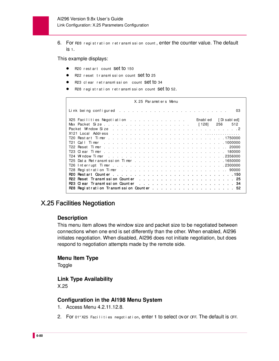 Kentrox AI296 manual Facilities Negotiation, Toggle 