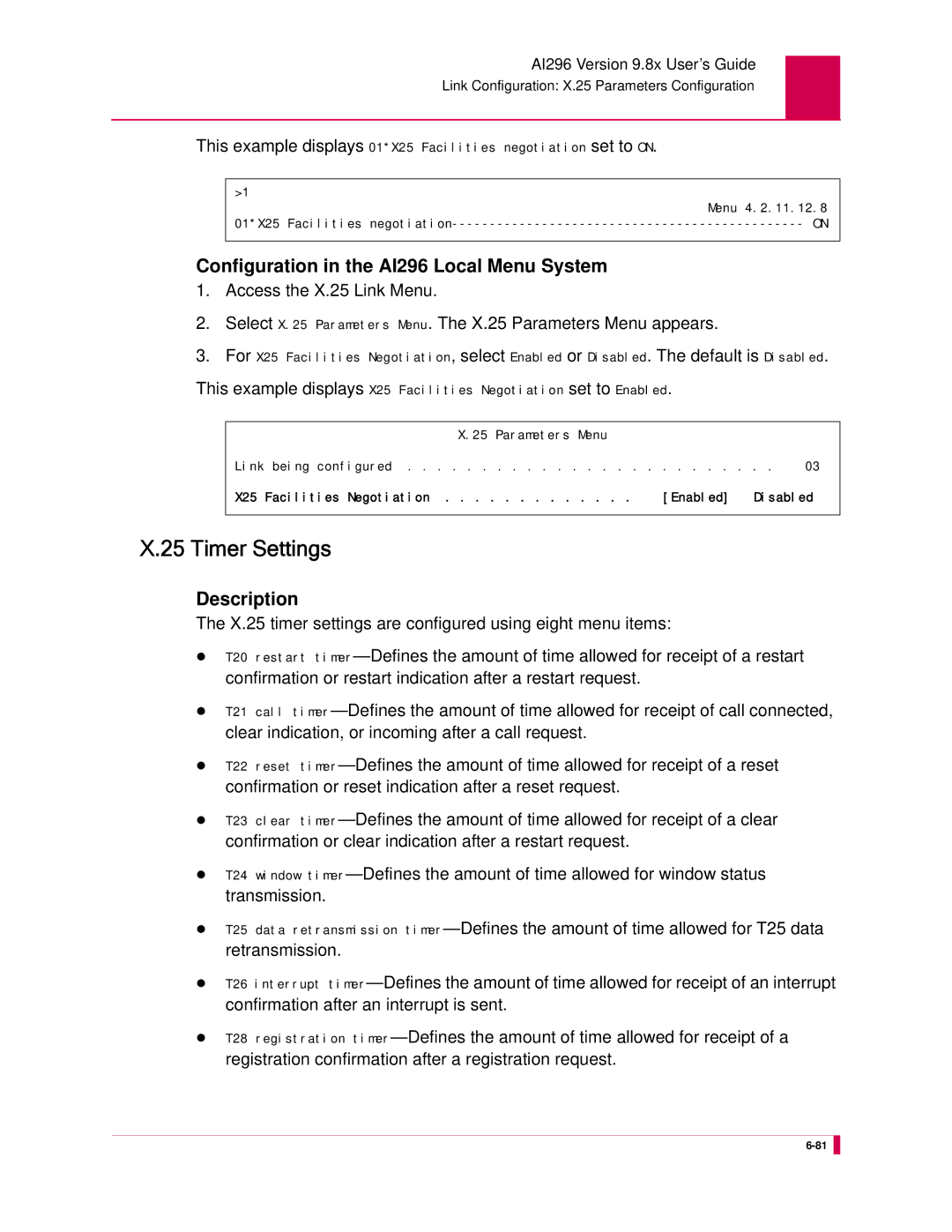 Kentrox AI296 manual Timer Settings 