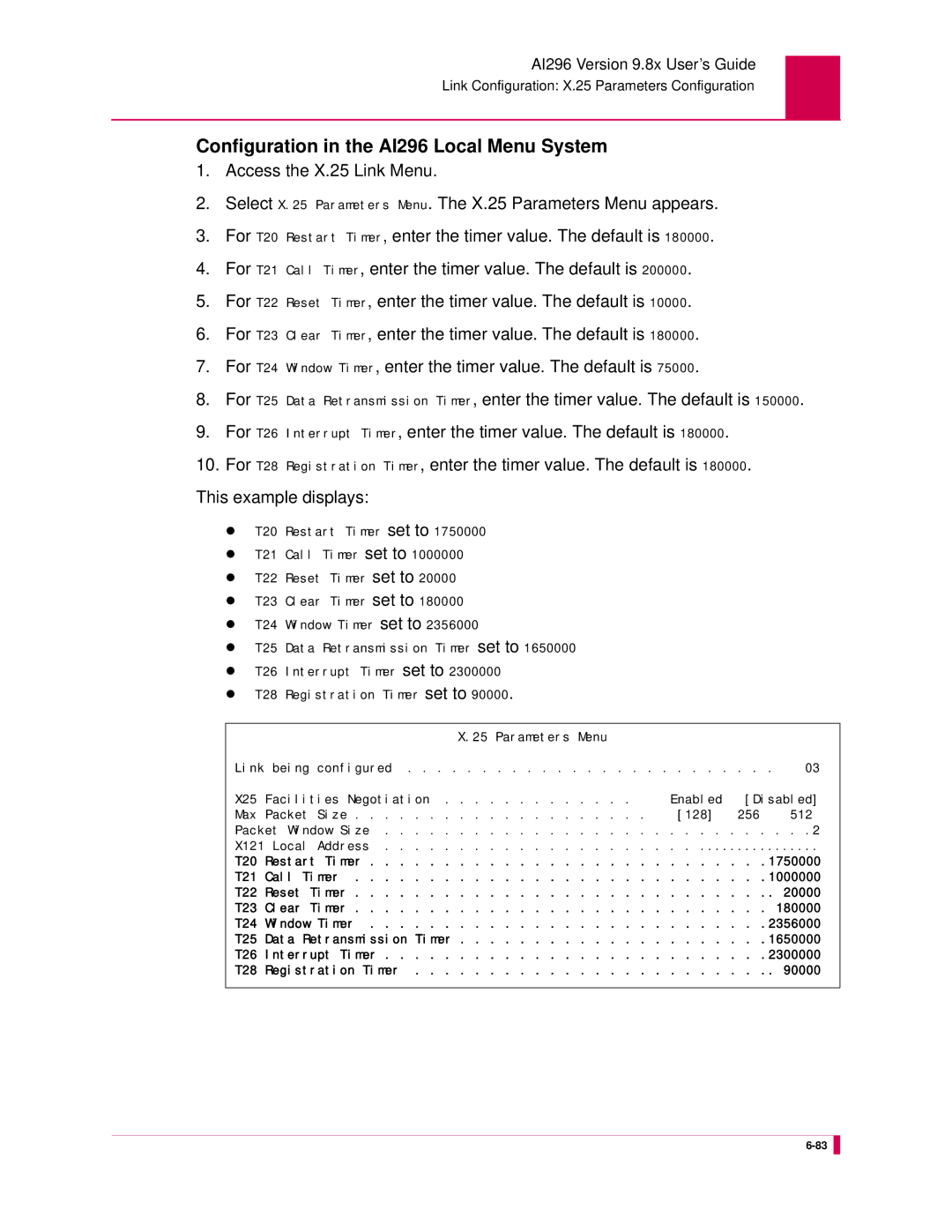 Kentrox AI296 manual Parameters Menu 