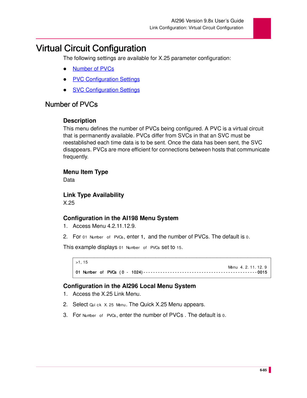 Kentrox AI296 manual Virtual Circuit Configuration, Number of PVCs 