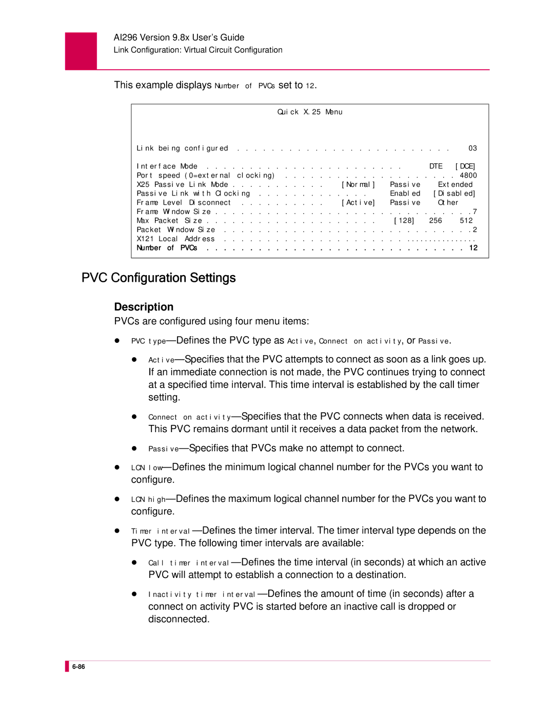 Kentrox AI296 manual PVC Configuration Settings, PVCs are configured using four menu items 