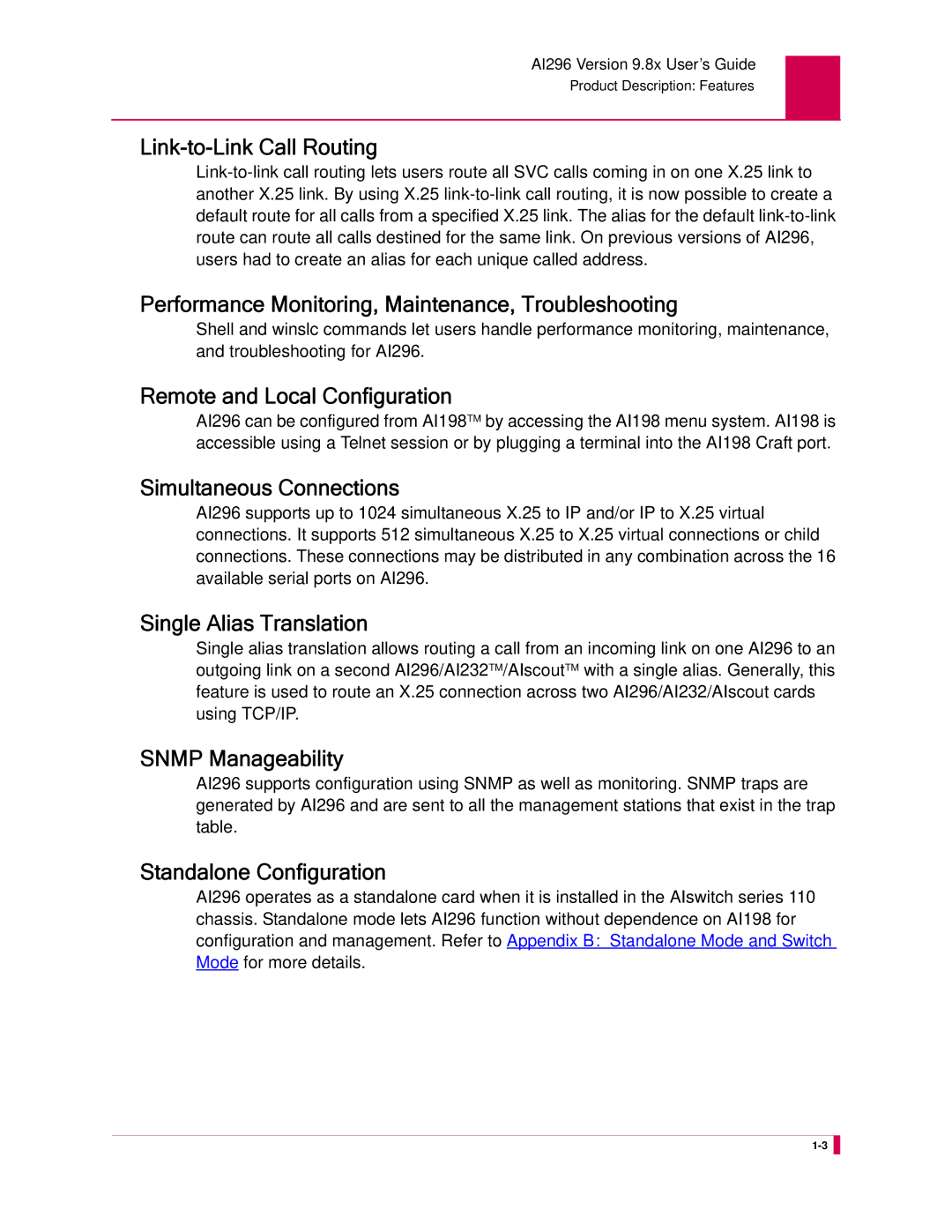 Kentrox AI296 Link-to-Link Call Routing, Performance Monitoring, Maintenance, Troubleshooting, Simultaneous Connections 