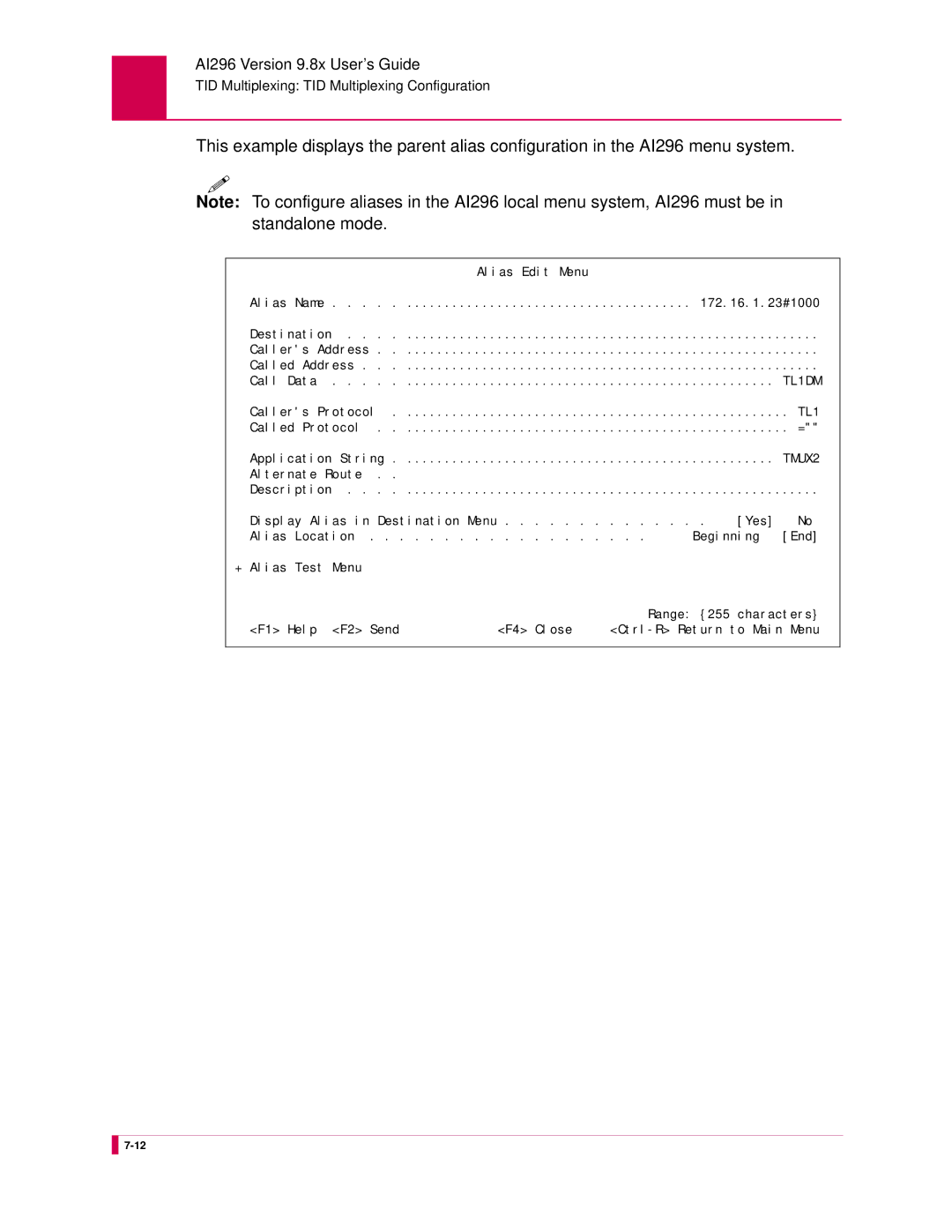 Kentrox AI296 manual Alias Edit Menu Alias Name 172.16.1.23#1000 